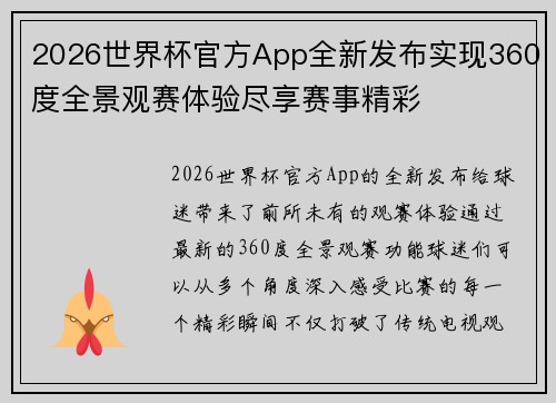 2026世界杯官方App全新发布实现360度全景观赛体验尽享赛事精彩