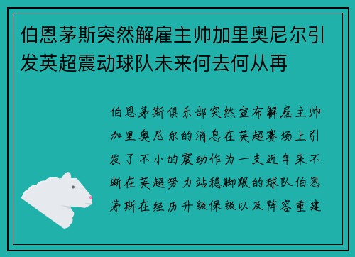伯恩茅斯突然解雇主帅加里奥尼尔引发英超震动球队未来何去何从再