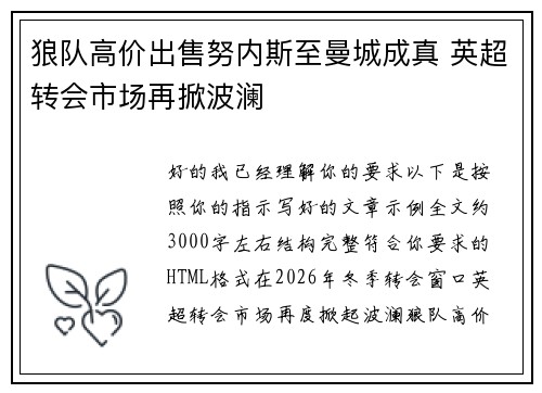狼队高价出售努内斯至曼城成真 英超转会市场再掀波澜